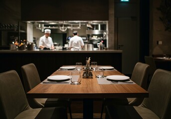 Chefs in the kitchen provide a backdrop to a set table with yellow flowers and elegant place settings, creating an intimate restaurant ambiance