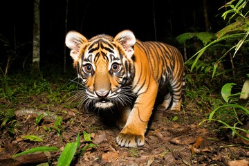 Obraz premium Captivating Sumatran Tiger Cub Strolling Through Lush Jungle at Night with Intense Gaze and Striking Stripes in Natural Habitat