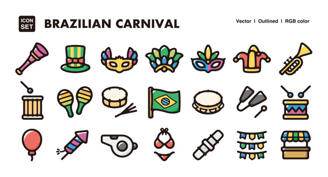 Brazilian carnival illustration icon set.Simple vector outlines, clipart for graphic design.
