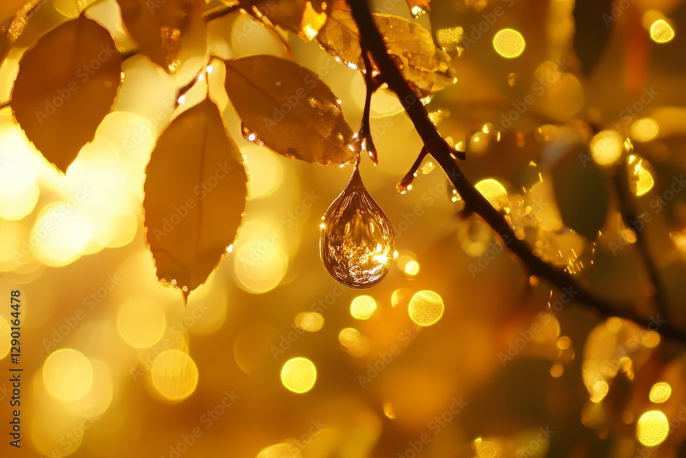 Poster raindrop on leaf with golden bokeh effect in soft natural light