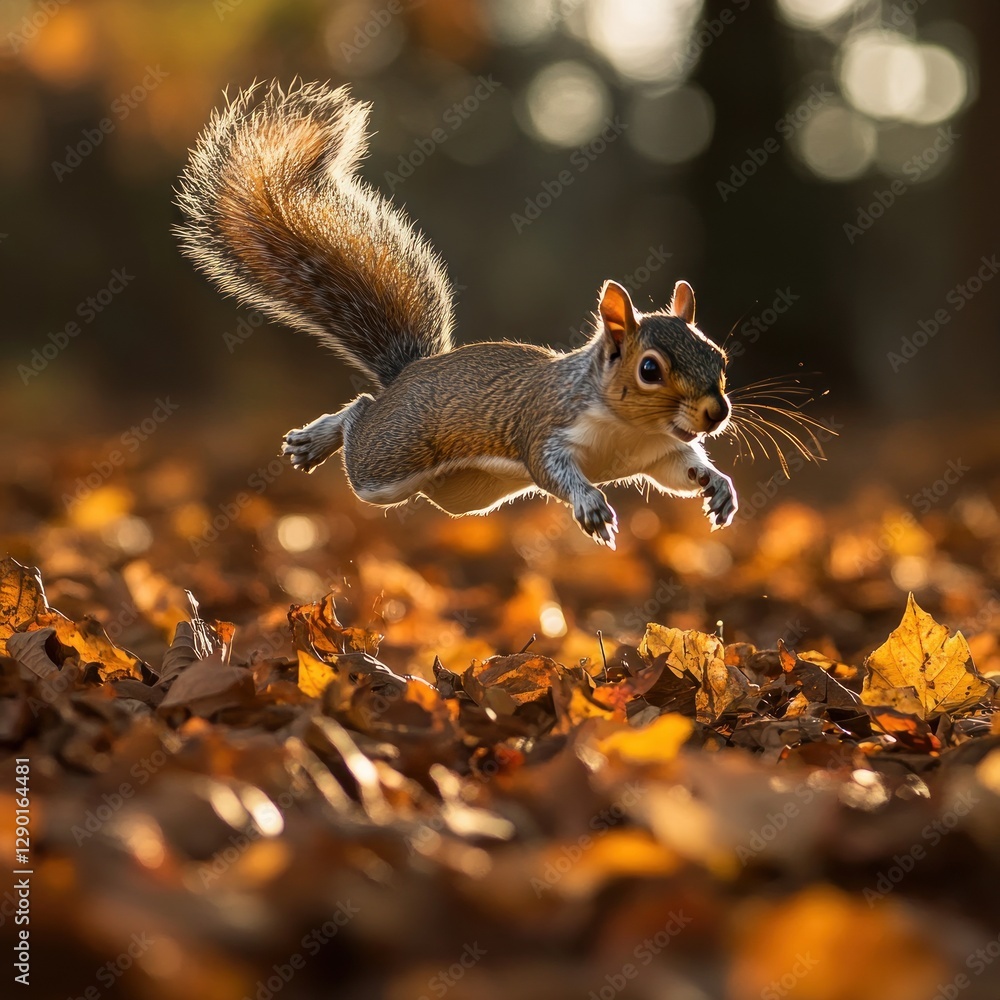 Aufkleber agile squirrel leaps through golden autumn foliage in a park setting with bokeh background and warm 