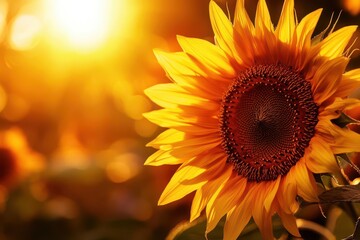 majestic sunflowers backlit by warm orange sunset rays, petals glowing with golden rim light, dramatic close-up showing intricate seed patterns and rich textural details