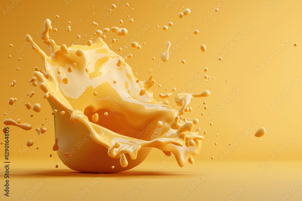 Poster Dynamic splash of vibrant honey colored liquid creating captivating textures and patterns in fluid motion on yellow background