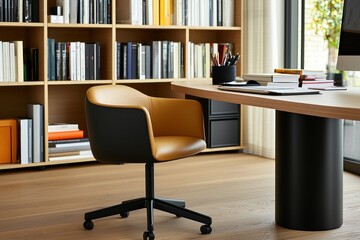 Modern Office Interior with Stylish Chair Desk Bookshelf and Computer providing Cozy Workspace Design