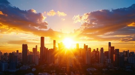 Fototapeta premium Majestic cityscape bathed in golden sunlight at sunrise with dramatic clouds and modern architecture creating a vibrant and inspiring urban scene
