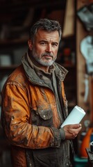 Obraz premium Portrait of a Mature Man with Gray Hair and Beard in Orange Work Jacket