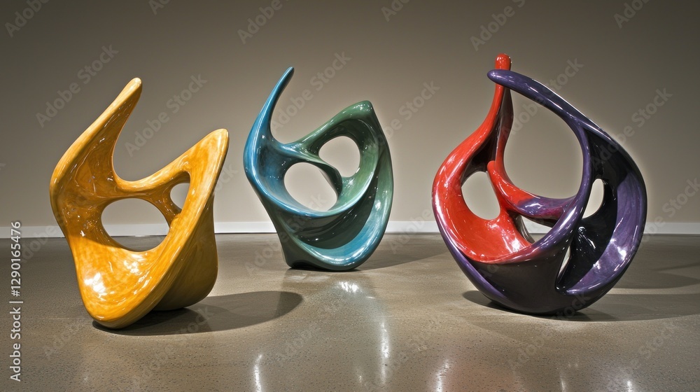 Poster trio of abstract ceramic sculptures in vibrant colors displayed in modern art gallery setting with s