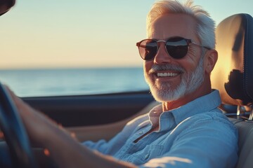 Fototapeta premium Smiling Senior Man Driving Convertible at Sunset
