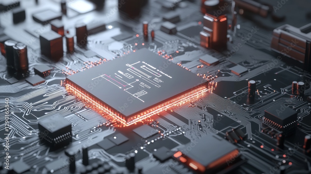 Aufkleber close-up of a glowing microchip on a motherboard, showcasing advanced technology and intricate circu