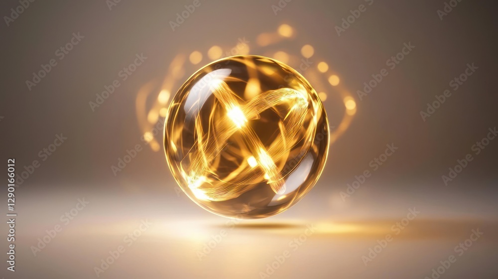 Poster glowing energy sphere with golden trails and soft focus background for science and technology concep