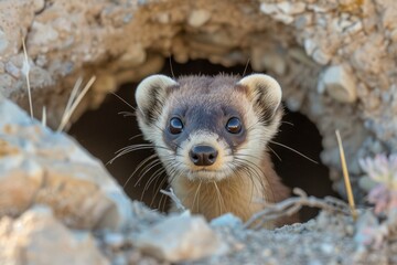Fototapeta premium Black-footed Ferret Peeking Out of Burrow