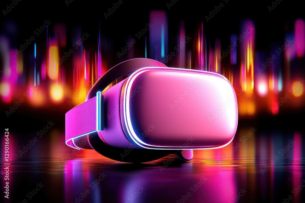 Poster futuristic virtual reality headset displayed against a neon lightscape with reflection and vibrant c
