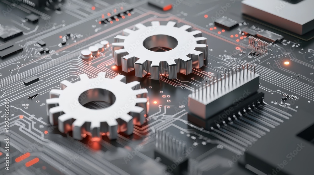 Poster close-up of gears on a circuit board, illustrating the fusion of mechanical and digital technology i