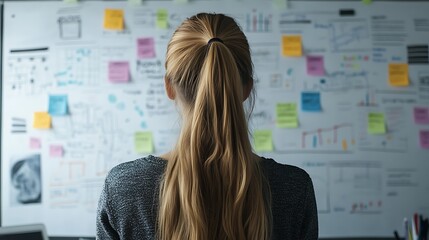 Woman reviewing project plan on whiteboard with sticky notes.