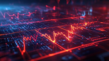 Obraz premium Abstract red glowing lines on digital grid. Illustrates data analysis, market trends, or tech concepts.