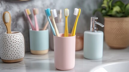 A stylish toothbrush holder with several toothbrushes in different colors.