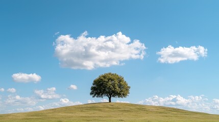Obraz premium Lone tree on grassy hill, blue sky, clouds. Peaceful nature scene, ideal for serenity themes