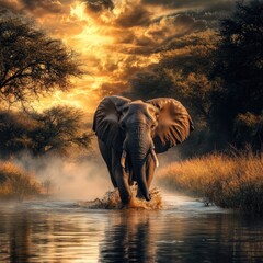 Fototapeta premium Majestic Elephant Strolling Through River at Sunset in African Savanna Landscape with Dramatic Sky and Golden Light