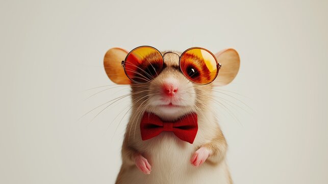 mouse wearing round sunglasses and a red bow tie, set against a vibrant, white backdrop; showcasing intricate details of its plumage and a focused, almost inquisitive expression.