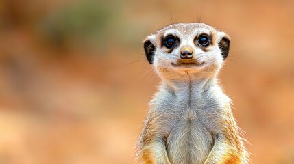 Fototapeta premium Captivating meerkat portrait with expressive eyes and soft fur against a blurred orange backdrop creating a warm and inviting atmosphere in a natural setting