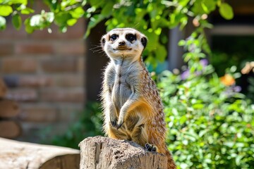 Fototapeta premium Curious meerkat perched atop a weathered tree stump basking in the sunlit garden with lush greenery and a brick wall backdrop