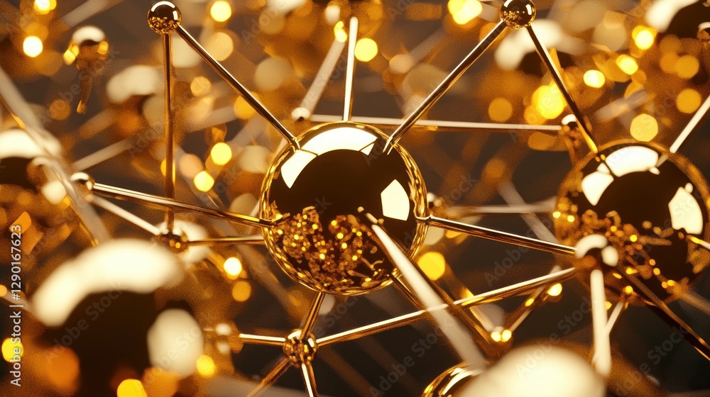 Poster captivating golden molecular structure with connecting rods and spheres against a bokeh background f