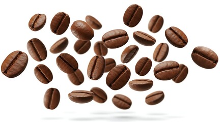 Naklejka premium Falling Roasted Coffee Beans on White Background - Coffee Concept