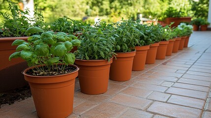 Row of Fresh Culinary Herbs in Terra Cotta Pots on a Brick Patio in Natural Sunlight Garden Concept