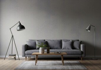 Modern Living Room Interior with Grey Sofa and Textured Walls