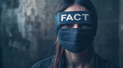 Woman with "FACT" headband and mask.