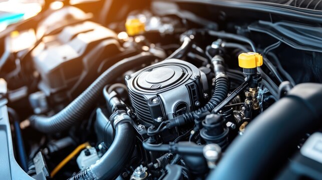 A well-maintained car engine bay with the AC compressor visible.