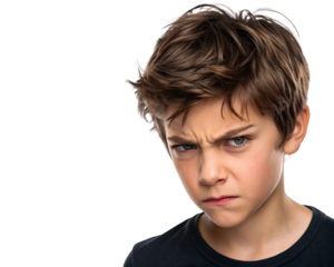 Young boy with furious expression yelling and clenching fists in anger, wearing grey t-shirt, isolated on transparent background, png