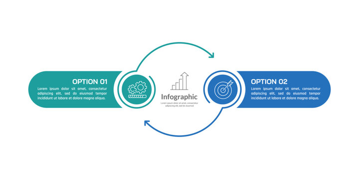 Circle labels infographic with 2 arrows on the process to success. Presentation, Strategy and Plan. Vector illustration.