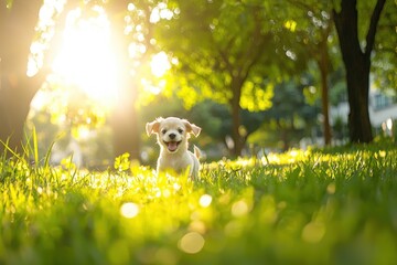 Obraz premium Joyful puppy running through sunlit meadow a delightful scene of nature and canine happiness capturing the essence of a sunny day in a park