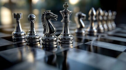 Close Up Of Silver Metal Chess Pieces On Dark Board