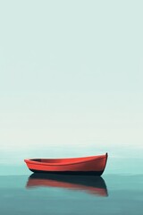 Naklejka premium Peaceful red boat on calm water, misty background