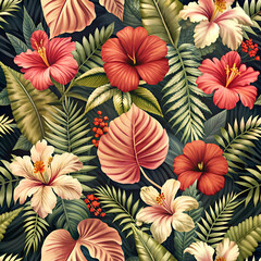 Fototapeta premium Tropical Flowers and Leaves Seamless Pattern. Exotic Floral Design