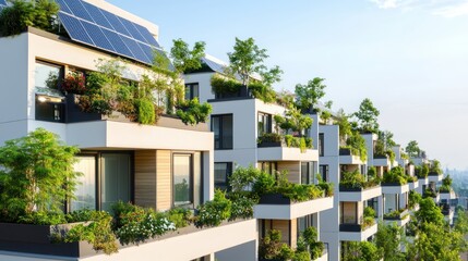 Fototapeta premium Modern apartment building with solar panels and green balconies offering sustainable urban living and eco friendly design under a bright blue sky