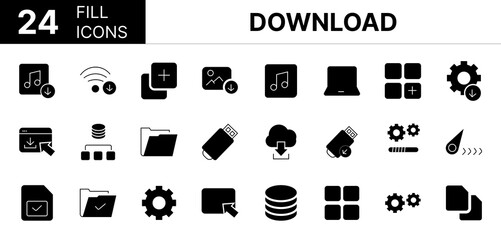 Collection of 24 download fill icons featuring editable strokes. These outline icons depict various modes of download, icon, arrow, app, vector, buttons, document, file, symbol, web, pictogram, flat, 