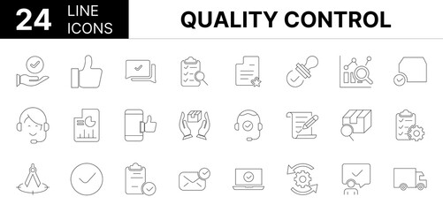 Collection of 24 Quality control line icons featuring editable strokes. These outline icons depict various modes of Quality control, icon, inspect, explore, line, business, checklist, 