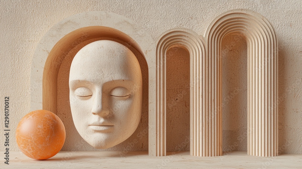 Poster serene stone face with closed eyes in arched niche alongside geometric columns and sphere creating a