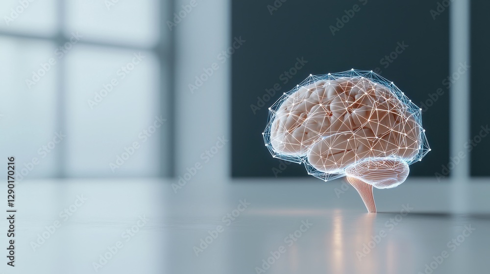 Poster futuristic digital brain model with neural network on desk, illustrating ai technology and modern in