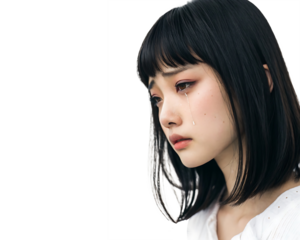 Portrait of woman crying and looking stressed, isolated on transparent background