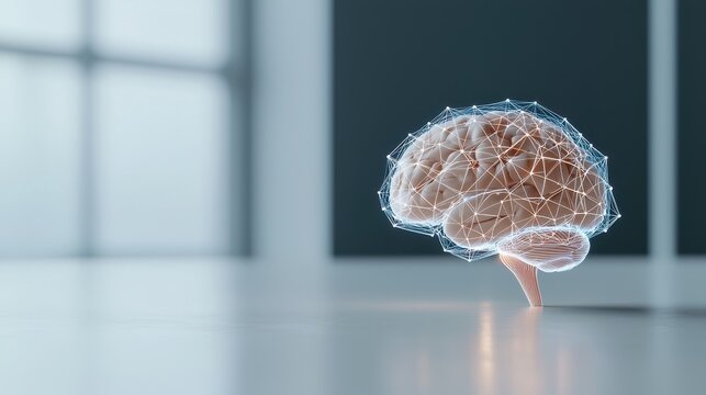 Futuristic digital brain model with neural network on desk, illustrating AI technology and modern innovation.