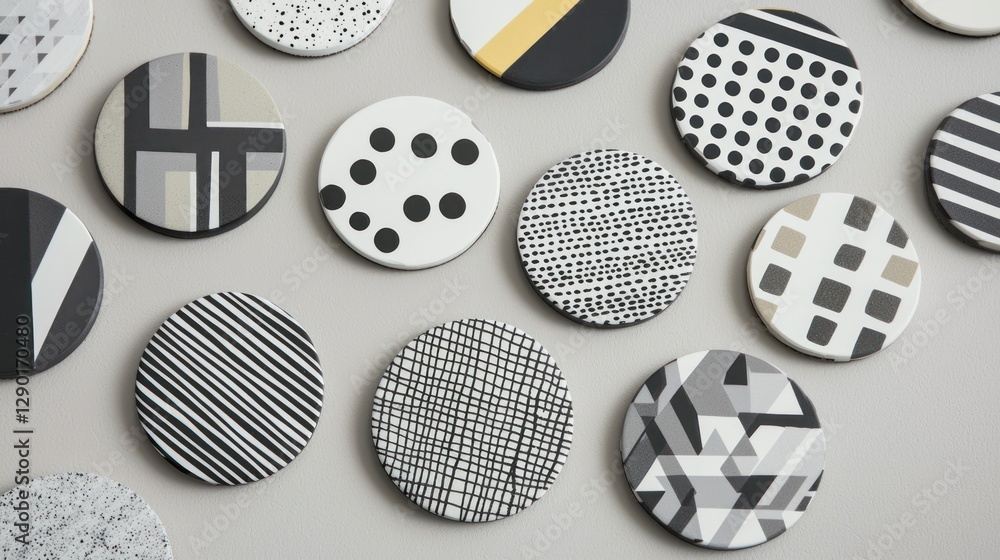 Poster artistic arrangement of round coasters featuring geometric pattern designs in minimalist style on a 