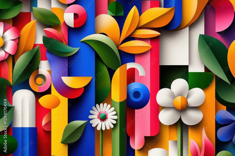 Poster artistic floral composition with bold color palette and geometric forms, creating a vibrant and mode
