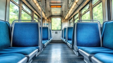 Empty Subway Car Interior with Blue Seats and Natural Light Streaming Through Windows