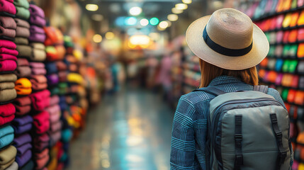 Obraz premium Tourist exploring a vibrant fabric market during travel journey