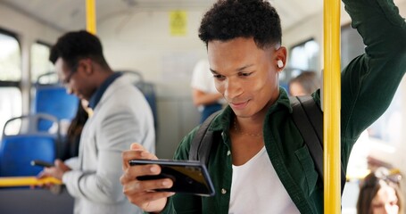 Happy man, streaming and entertainment with phone on bus for travel, journey or local commute in...