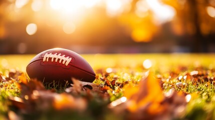 Close-up of an American football on a bed of autumn grass, surrounded by colorful fallen leaves, under the warm glow of golden sunlight in the fall